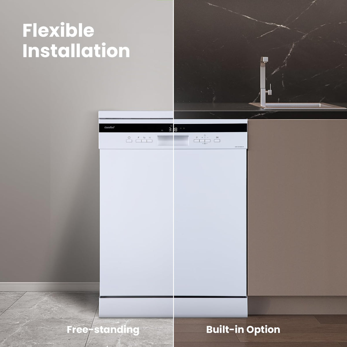 COMFEE' Freestanding Dishwasher FD1435E-W with 14 place settings, Full Size, 44dB, Wide LED Display