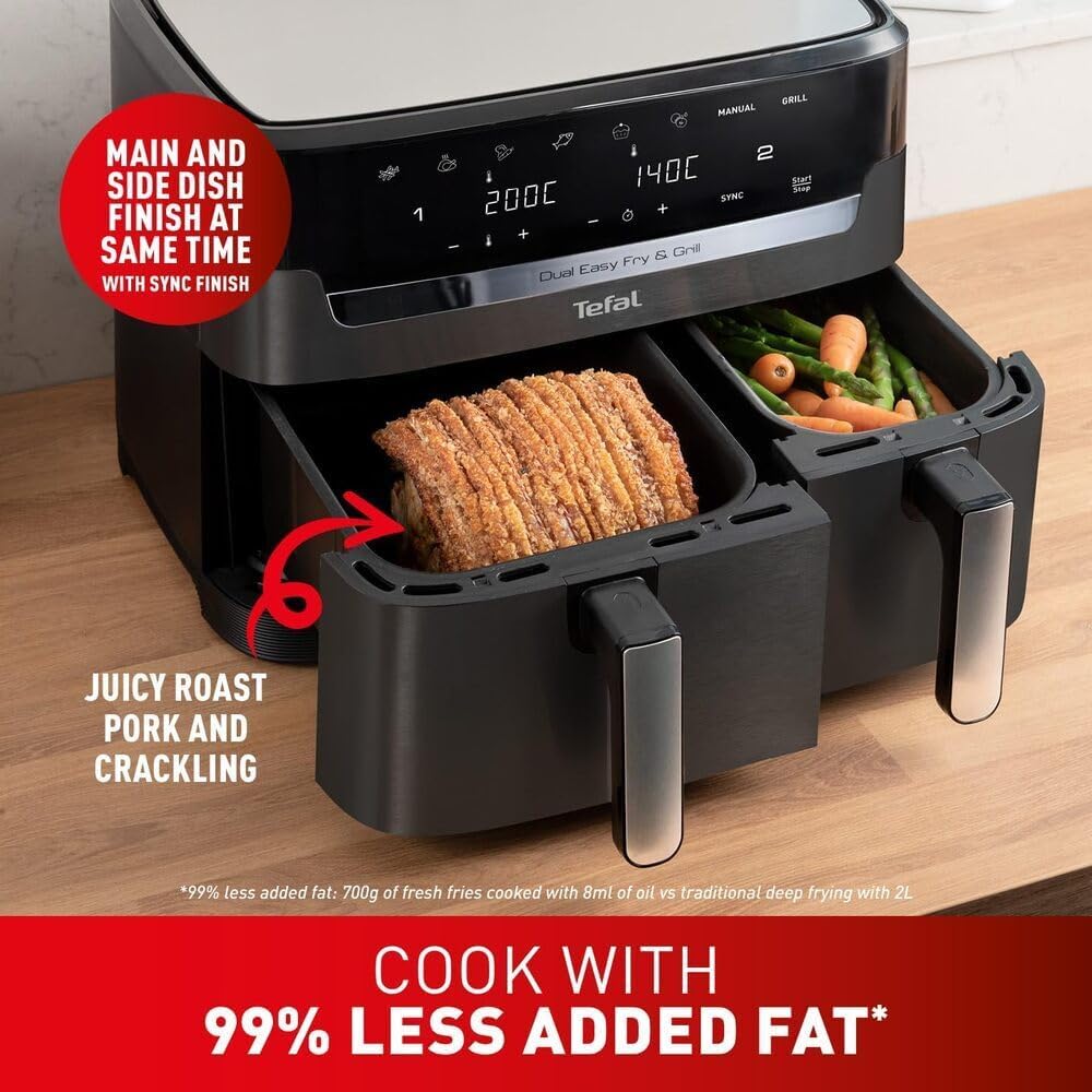 Tefal Easy Fry Dual Zone Digital Air Fryer, 2 Drawers, 8.3L, 8in1, Air Fry, Extra Crisp, Roast, Bake, Reheat