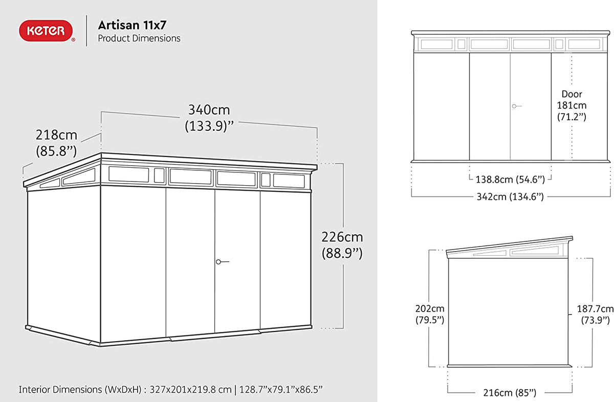 Keter Artisan 11 x 7ft Double Door Pent Outdoor Plastic Garden Shed