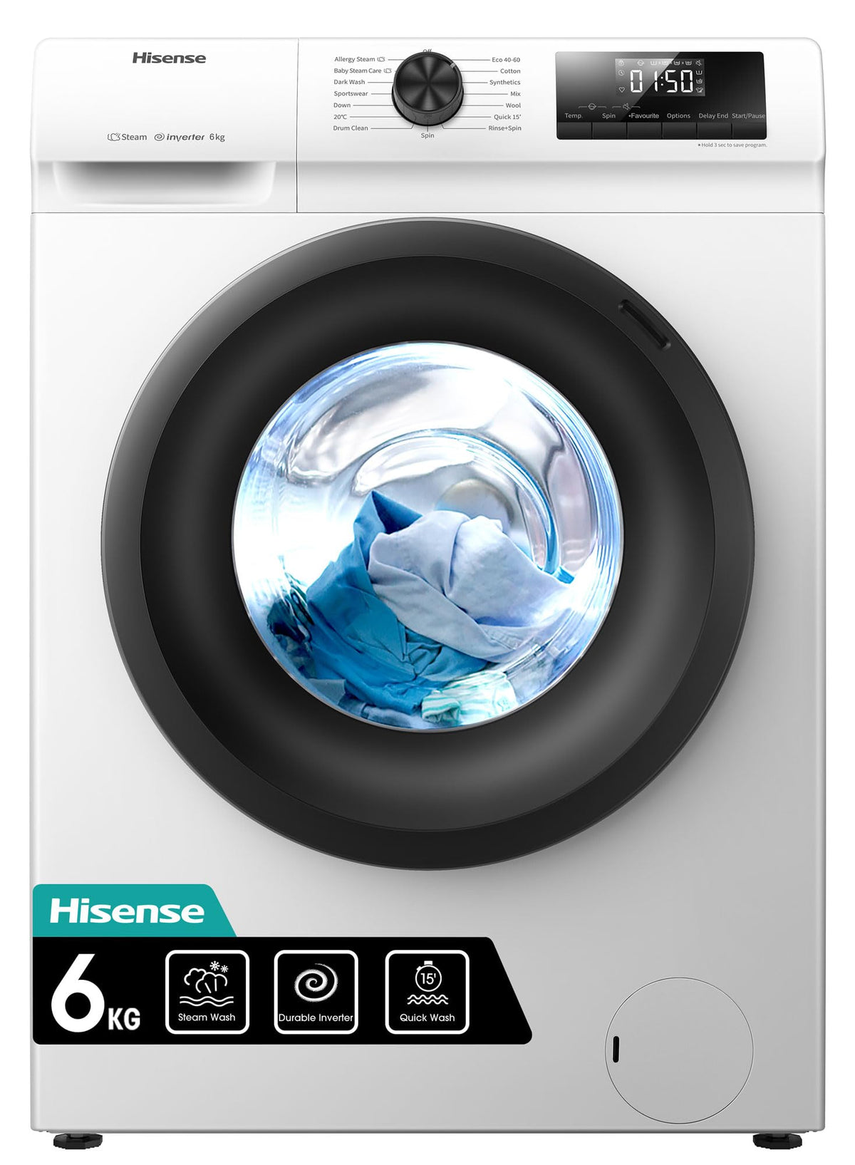 Freestanding Front Load Washing Machine – 6kg, Inverter Motor, 15 Programs, Quick & Steam Wash, 1200 RPM, White, Energy Class C
