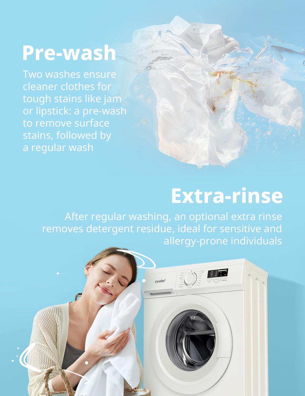 COMFEE' Freestanding Washing Machine,6KG Load,Heat Wash 90℃,Quick Wash,15 Washing Programs,White-CFE10EW60/W