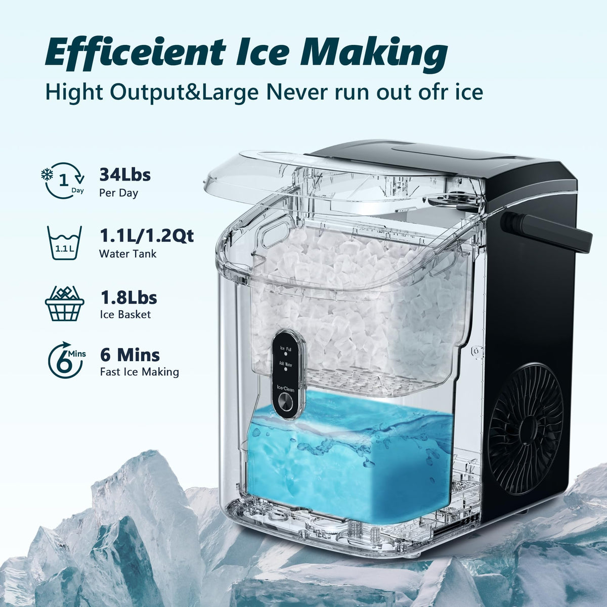 EUHOMY Nugget Ice Maker, Chewable Pellet Ice Machine with Handle, Ready in 6 Mins, 15.5kg/24H